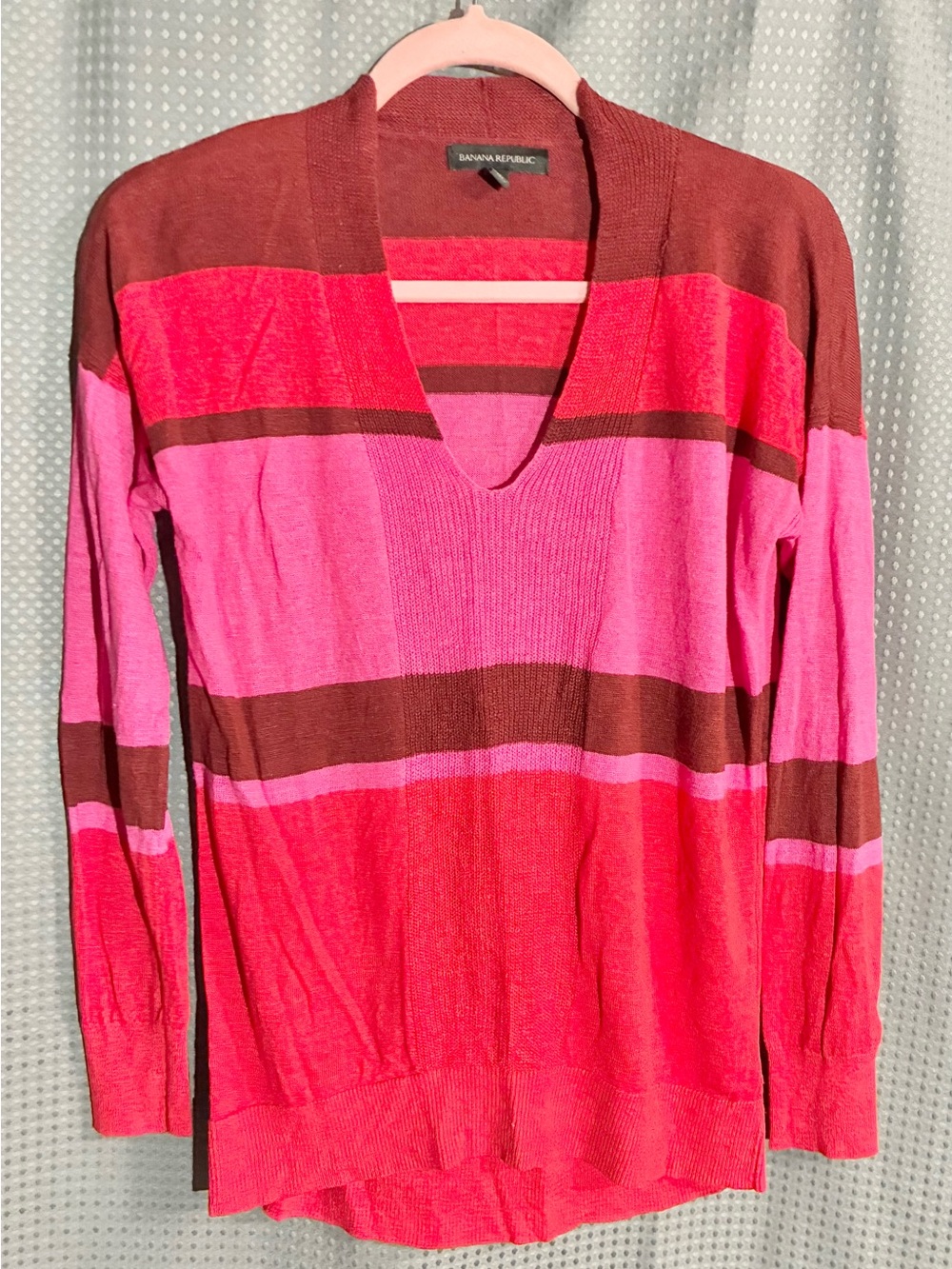 Banana Republic Linen Blend V-Neck Striped Sweater Sz SP Pink Brown Colorblock